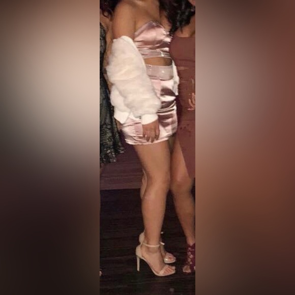 Satin Mauve Dusty Rose Pink Sequin Diamond Trim Two Piece Top and Skirt Set (S) - Picture 8 of 12